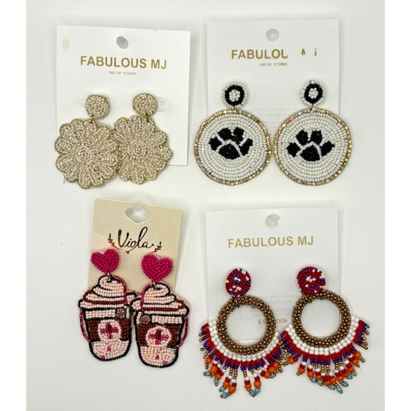 4 Pair Beaded Dangle Earrings Lot Dog Paw Cat Animal Boho Nurse Jewelry Gift - Picture 1 of 6